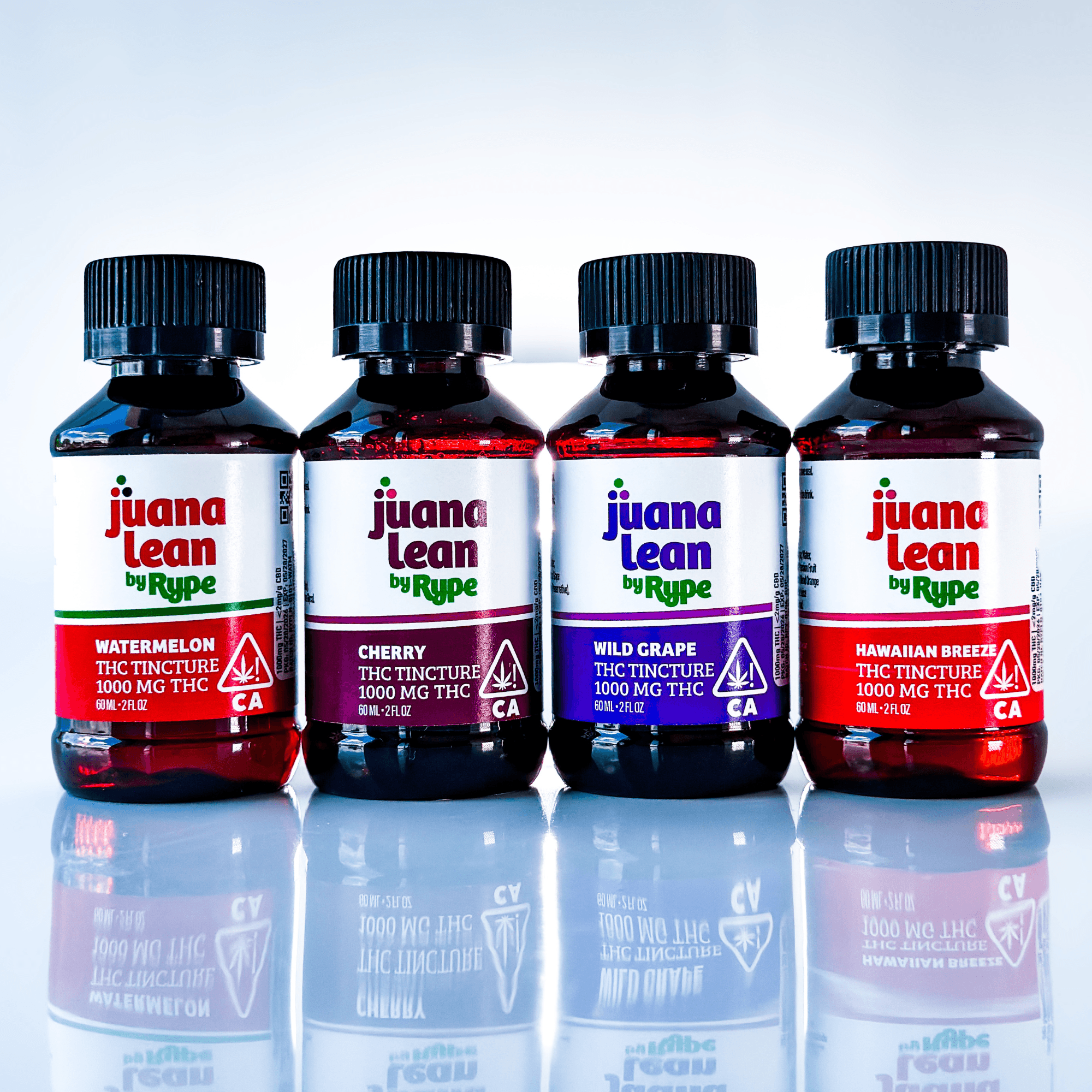 Juana Lean 1000mg THC syrups by Rype in Watermelon, Cherry, Wild Grape, and Hawaiian Breeze flavors